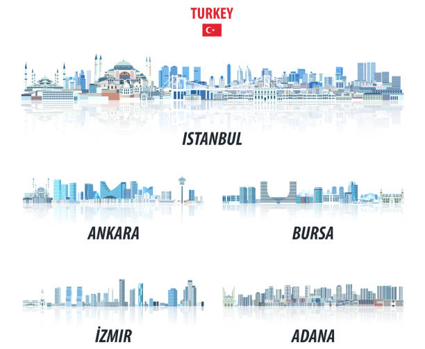 крупнейшие города турции выкраивываясь в оттенки синей цветовой палитры. стиль эстетики хруста - izmir stock illustrations