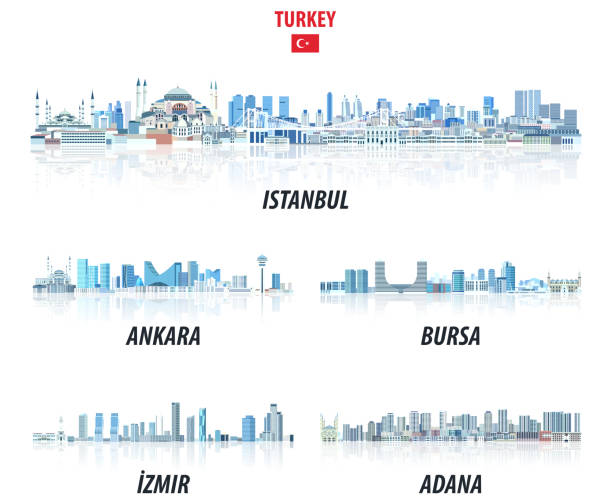 Turkish biggest cities skylines in tints of blue color palette. Сrystal aesthetics style vector art illustration