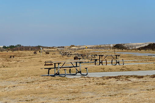 The deserted campground in the Assateague State Park of Maryland closed for the winter