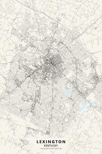 Poster style topographic / Road map of Lexington, Kentucky, USA . Map data is open data via openstreetmap contributors. All maps are layered and easy to edit. Roads are editable stroke.