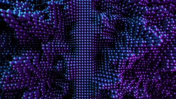 3D Render of Abstract Path Sphere Bead Shape in Wave Pattern Background with Neon Lights stock photo