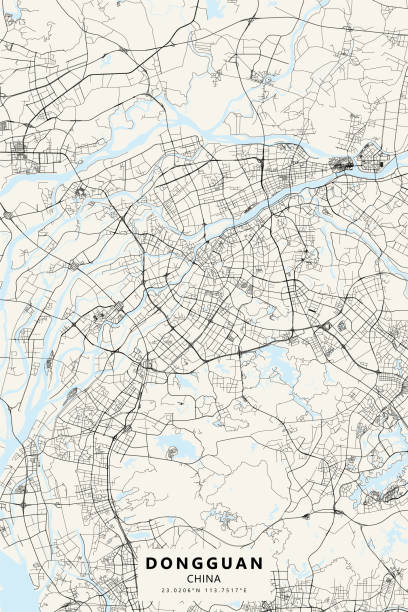 Dongguan, China Vector Map Poster style topographic / Road map of Dongguan, China. Map data is open data via openstreetmap contributors. All maps are layered and easy to edit. Roads are editable stroke. west china stock illustrations