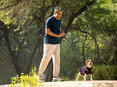 Happy man walking with pet dog on leash at public park