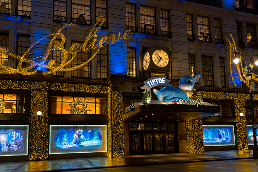 Manhattan, New York, USA - December 02, 2021:     Macy's Herald Square is the flagship of Macy's department store at Christmas.  View  from Broadway.