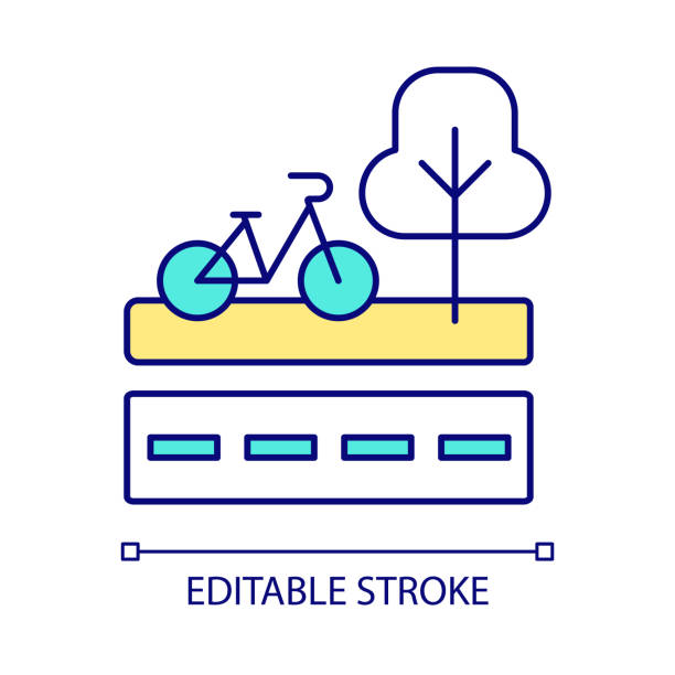 Pavement markings for bike riding RGB color icon Pavement markings for bike riding RGB color icon. Cycling-friendly infrastructure. Safe streets for bicyclists. Isolated vector illustration. Simple filled line drawing. Editable stroke sidewalk icon stock illustrations