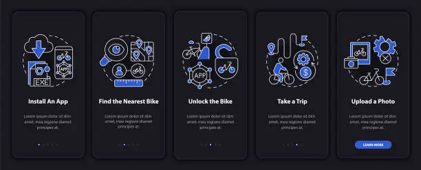 Vector illustration of Bike-share guide onboarding mobile app page screen