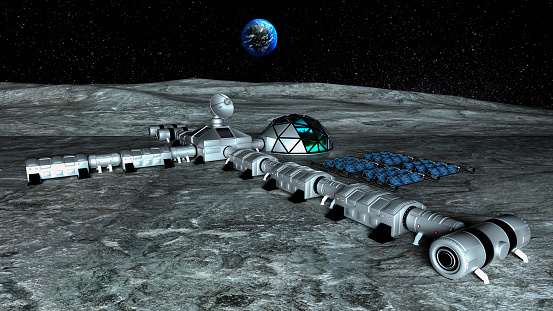 a base on the moon (3d rendering,this image elements furnished by NASA)\nhttps://www.visibleearth.nasa.gov/view.php?id=74518