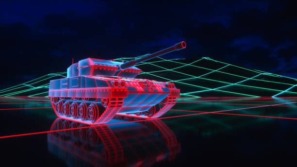 istock a neon glowing tank in a digital world (3d rendering) 1357017068