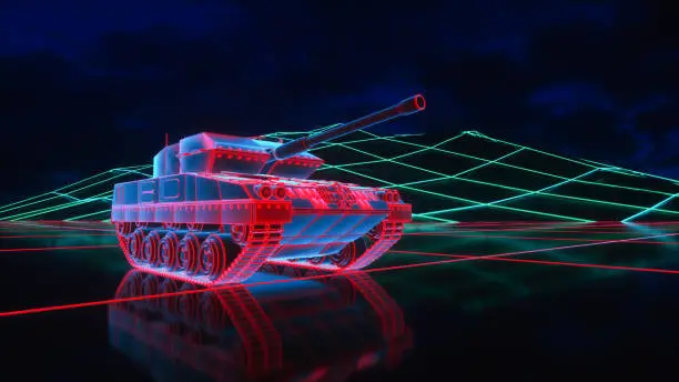 Photo of a neon glowing tank in a digital world (3d rendering)