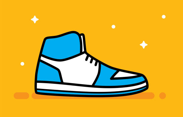 Vector illustration of a blue and white sneaker against a yellow background in flat style.