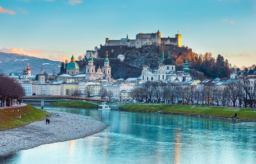 Old town of Salzburg, Austria, at sunset in winter.
