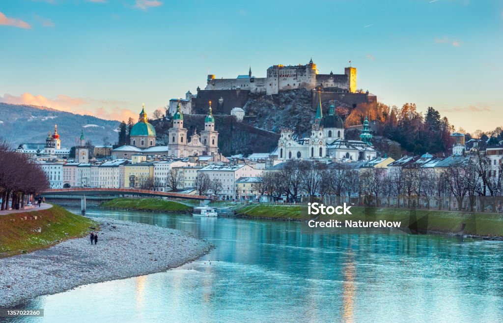 Old town of Salzburg at sunset Old town of Salzburg, Austria, at sunset in winter. Salzburg Stock Photo