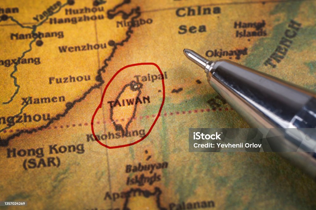 The island of Taiwan is marked with a red pen on the map. China - East Asia Stock Photo