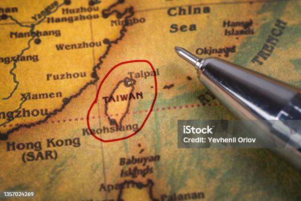 The Island Of Taiwan Is Marked With A Red Pen On The Map Stock Photo - Download Image Now