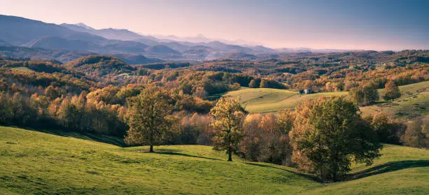 Autumn landscape in department of Ariege in the french Pyrenees mountains