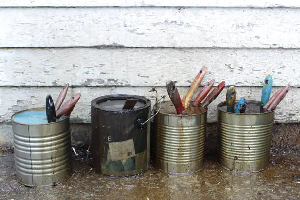 Used paint brushes soak in unmarked paint cans next to a white wall.