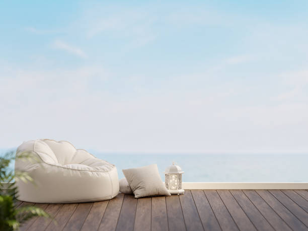 istock Minimal style wooden terrace with sea view 3d render 1357037897