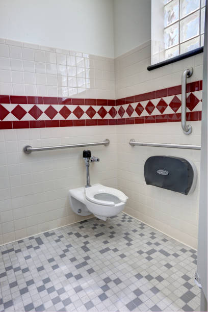 Toilet in a handicapped rest room stall The toilet in the handicapped stall in a modern public rest room. flushing valve public restroom toilet stock pictures, royalty-free photos & images