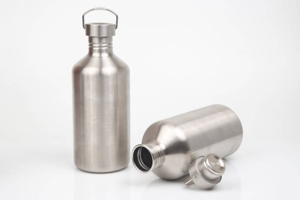 istock Steel flasks for water and drinks on a white background. Survival hiking gear 1357042273