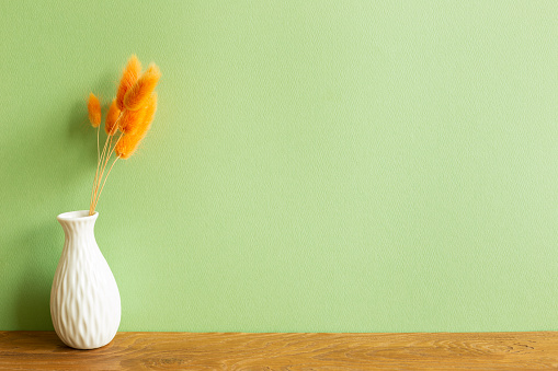 Vase of orange hares tail grass dry flowers on wooden table. green wall background. copy space