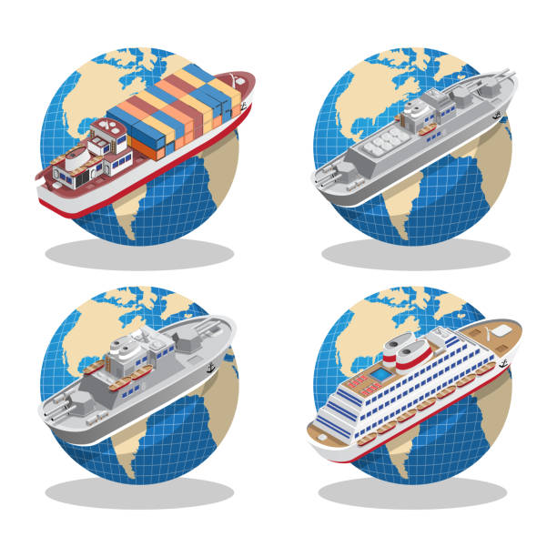 illustrations, cliparts, dessins animés et icônes de un ensemble de navires sur des globes. - fret cargo blanc maquette