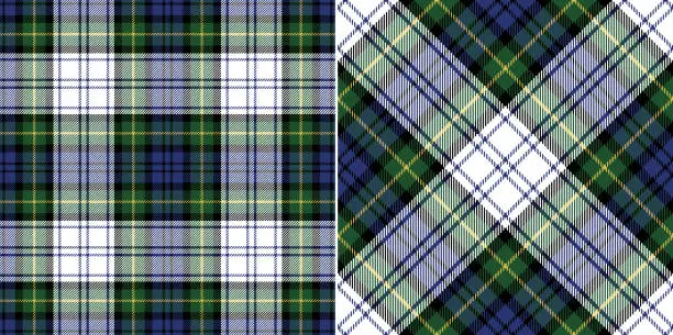 Vector illustration of Tartan check plaid pattern Gordon Dress in blue, green, yellow, white. Seamless traditional vector for spring autumn winter flannel shirt, blanket, duvet cover, other modern fashion textile print.