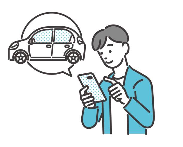 illustrazioni stock, clip art, cartoni animati e icone di tendenza di materiale illustrativo vettoriale di un uomo che cerca un'auto su uno smartphone / auto a noleggio / ispezione del veicolo / auto nuova / auto usata - veicolo-terrestre