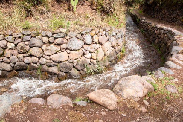 Image of water canal in Yucay Peru. Old construction from Inca period that is still functional for agriculture.