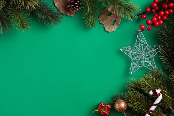 istock Christmas background design concept with fir tree branch and decorations 1357064830