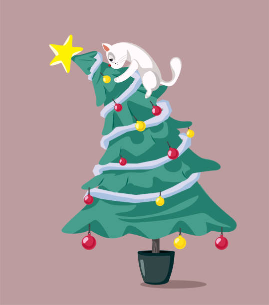Cat Climbing Christmas Tree Vector Cartoon Illustration Naughty pet destroying holiday decorated home christmas chaos stock illustrations