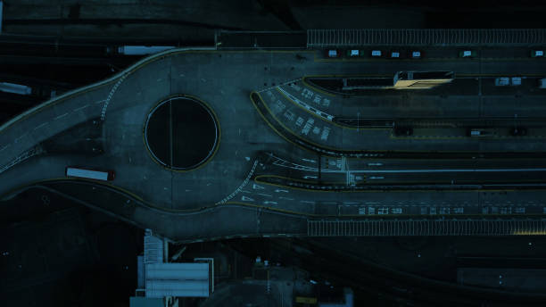 istock Aerial View - bus in dark evening 1357067439