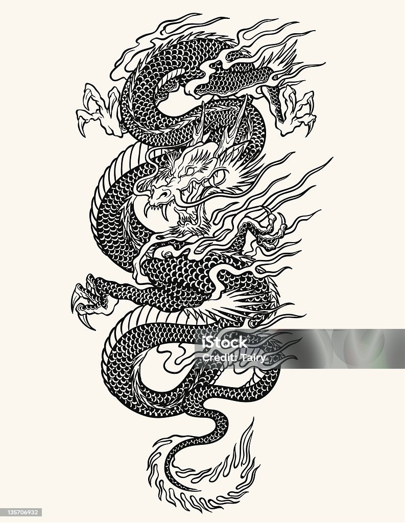 Sehr detaillierte Asiatische Drachen tattoo-line-Arbeit - Lizenzfrei Drache Vektorgrafik