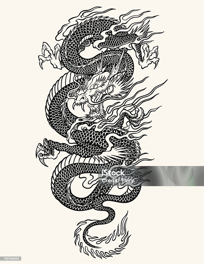 Очень подробно Азиатская Дракон татуировки скорости работы - Векторная графика Дракон роялти-фри
