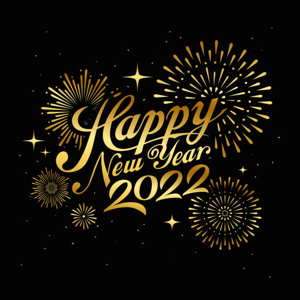 illustrazioni stock, clip art, cartoni animati e icone di tendenza di buon anno 2022 messaggio con fuochi d'artificio d'oro di notte - vigilia di capodanno