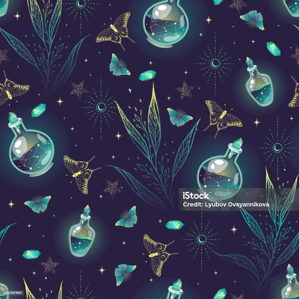 Green Seamless Pattern With Different Magic Objects Stock Illustration ...