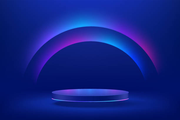 ilustrações de stock, clip art, desenhos animados e ícones de abstract realistic 3d blue cylinder pedestal podium with sci-fi dark blue abstract room with semi circle glowing neon lighting scene. vector rendering product display presentation. futuristic scene. - set