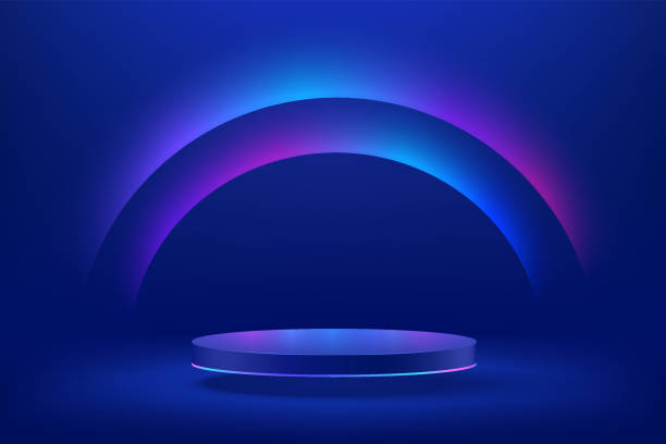 Abstract realistic 3d blue cylinder pedestal podium with Sci-fi dark blue abstract room with semi circle glowing neon lighting scene. Vector rendering product display presentation. Futuristic scene. Abstract realistic 3d blue cylinder pedestal podium with Sci-fi dark blue abstract room with semi circle glowing neon lighting scene. Vector rendering product display presentation. Futuristic scene. stage stock illustrations