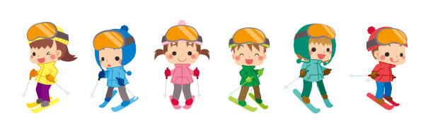 ilustraciones, imágenes clip art, dibujos animados e iconos de stock de niños pequeños esquiando - mono ski