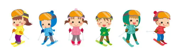 Vector illustration of Little Kids Skiing