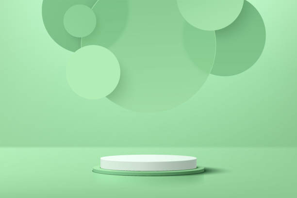 istock Abstract white realistic 3D cylinder pedestal podium with green glass circle overlap background. pastel minimal scene for product display presentation. Vector rendering geometric platform design. 1357074650