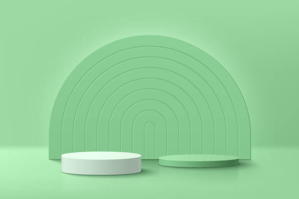 istock Abstract white and green realistic 3D cylinder pedestal podium set with glowing green semi circle backdrop. pastel minimal scene for product display presentation. Vector rendering geometric platform. 1357074795