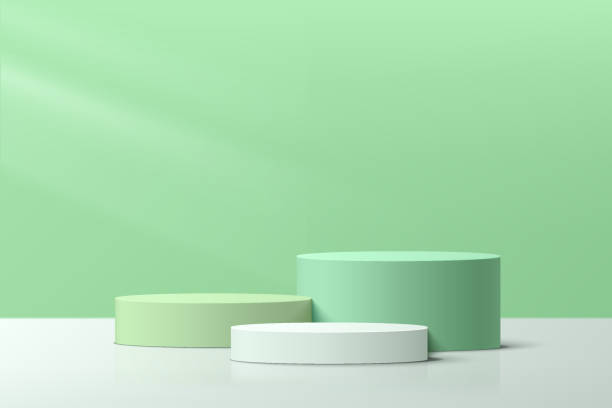 abstrakte realistische 3d weiß und grün-blaue stufen zylinder sockel podium set mit pastell minimale wand szene für kosmetische produkte display präsentation. vektorgeometrisches rendering-plattform-design. - sammlung stock-grafiken, -clipart, -cartoons und -symbole