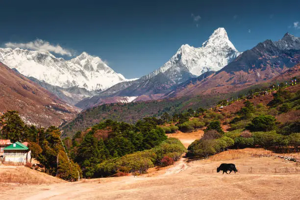 View of Everest, Lhotse and Ama Dablam mountains from Tengboche, Nepal.