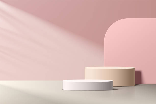 istock Abstract white and beige realistic 3D cylinder pedestal podium set with geometric shape backdrop and shadow. pastel minimal scene for product display presentation. Vector rendering geometric platform. 1357075754