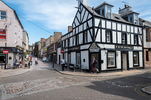 Dumfries, Scotland - July 24th 2021: Ye Olde Friars Vaults Public Bar on the crossroads between the Friars Vennel and Brewery Street in Dumfries, Scotland