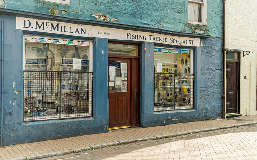 Dumfries, Scotland - July 24th 2021: Old style McMillan Fishing Tackle Shop on the Friars Vennel in Dumfries, Scotland