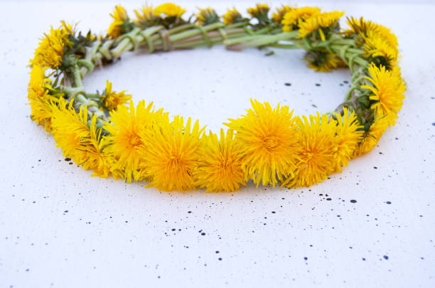 Abstract blurred background, dandelions in a round glass vase closeup on a windowsill near wet window, spring rainy day. Country lifestyle. Concept of seasons and mood