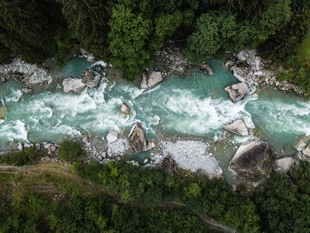 istock Aerial top view of a splendid whitewater on a mountain river 1357087055