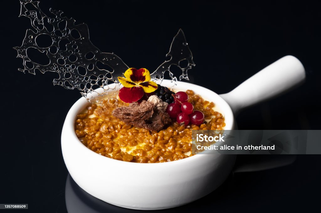 Pina Colada Creme Brulee as a Fine Dining Dessert Cream - Dairy Product Stock Photo