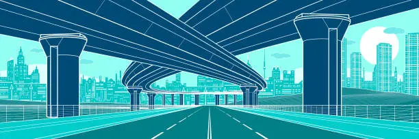 Vector illustration of Colorful city architecture and infrastructure illustration, automotive overpass, big bridges, urban scene. Night town. Large highway. White outlines on color background. Vector design art